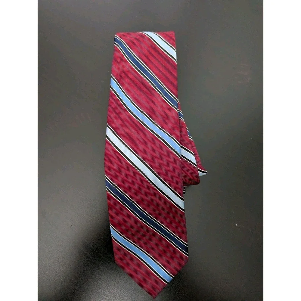 ZENIO Tie Necktie MICROFIBER‎ SLIM NARROW SKINNY MAROON Red Blue Repp Striped